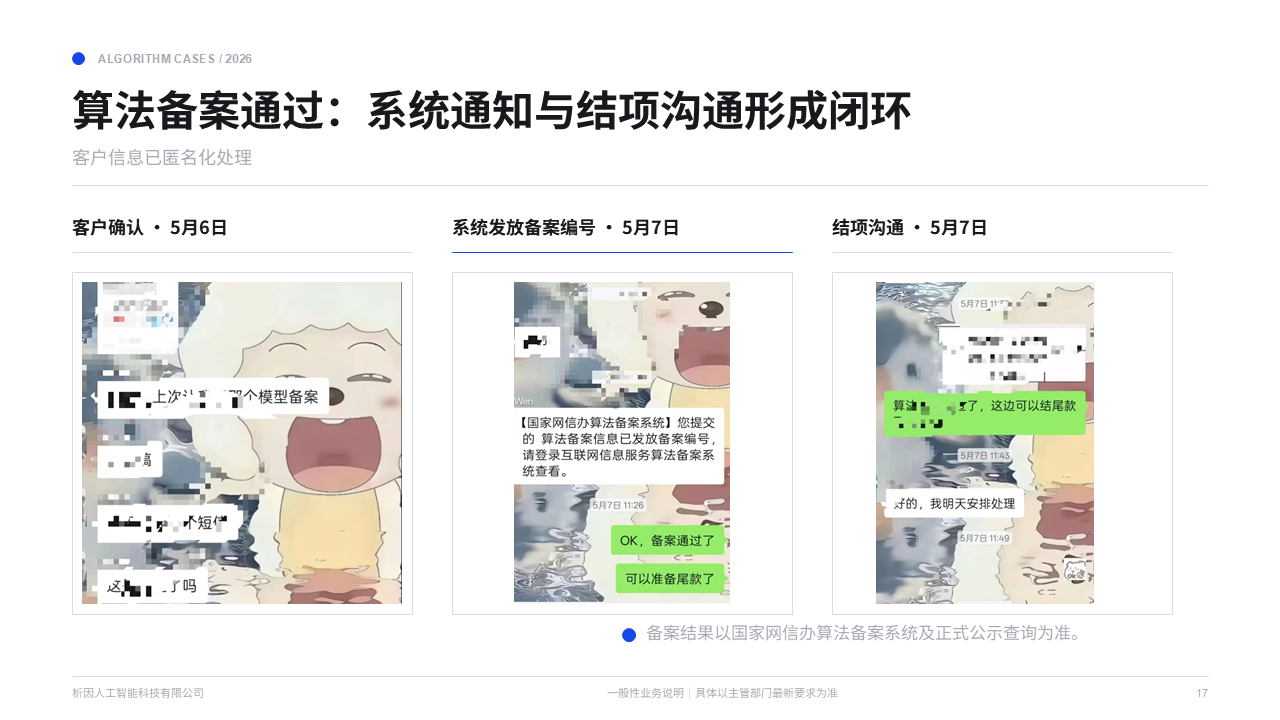 算法备案通过的匿名化系统通知与结项沟通案例